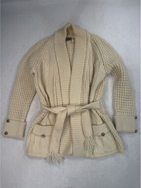Gaeltarra Vintage Irish Aran Shawl Collar Belted Cardigan Sweater Fisherman